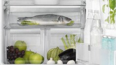 Gros plan sur le réfrigérateur Electrolux FreshPlus et ses aliments stockés sur chaque clayette