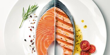 Un pavé de saumon frais avant et après cuisson